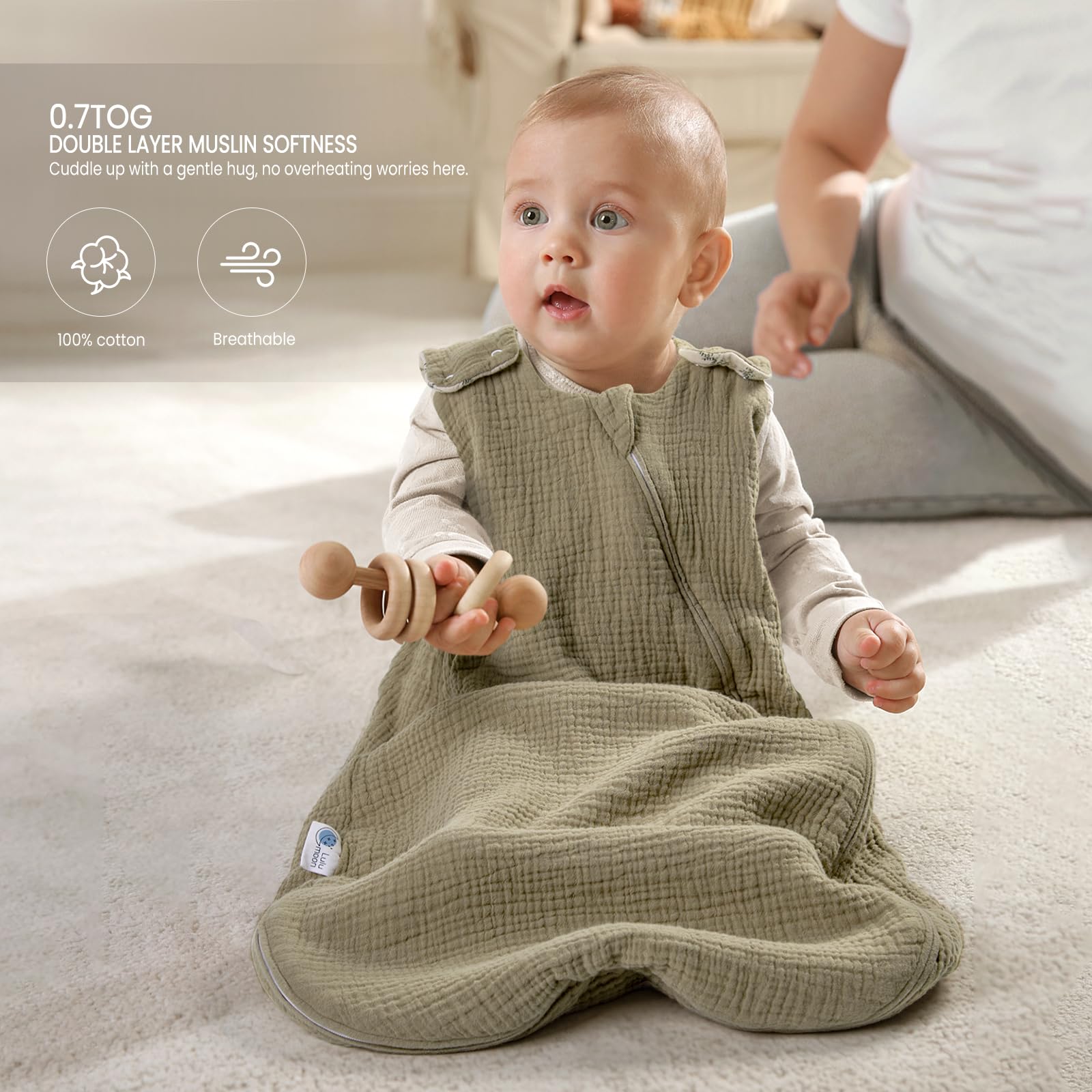 Lulumoon Sleep Sack Muslin machine washable for easy care.