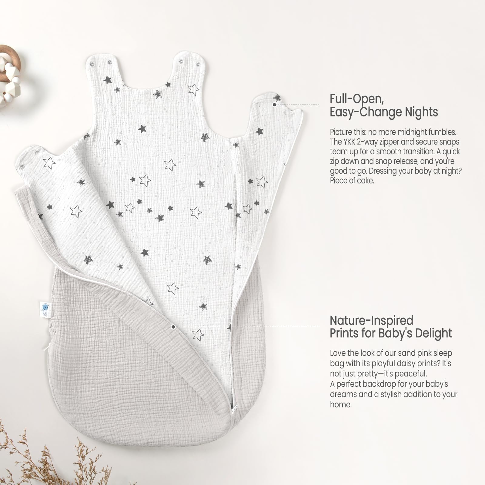 Lulumoon Sleep Sack Muslin machine washable for lasting softness.