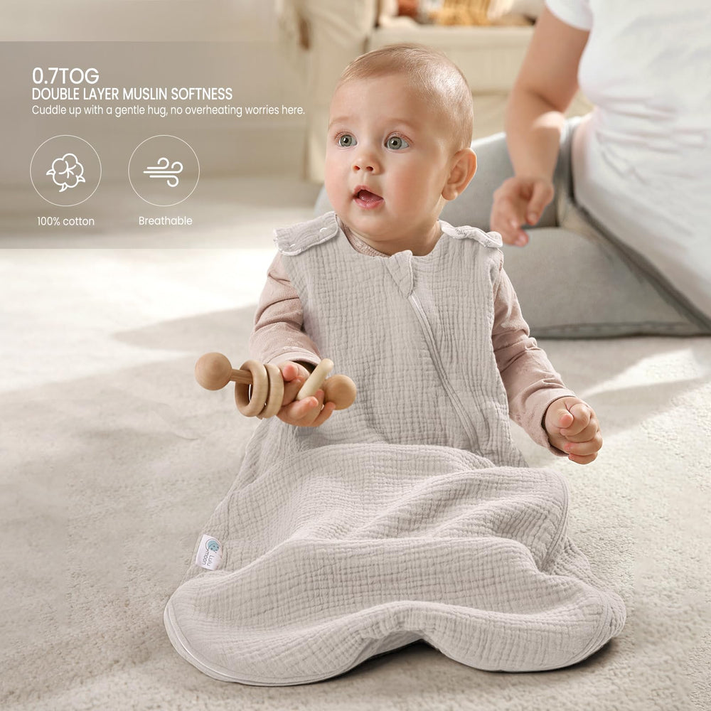 Lulumoon Sleep Sack Muslin neutral design fits any nursery.