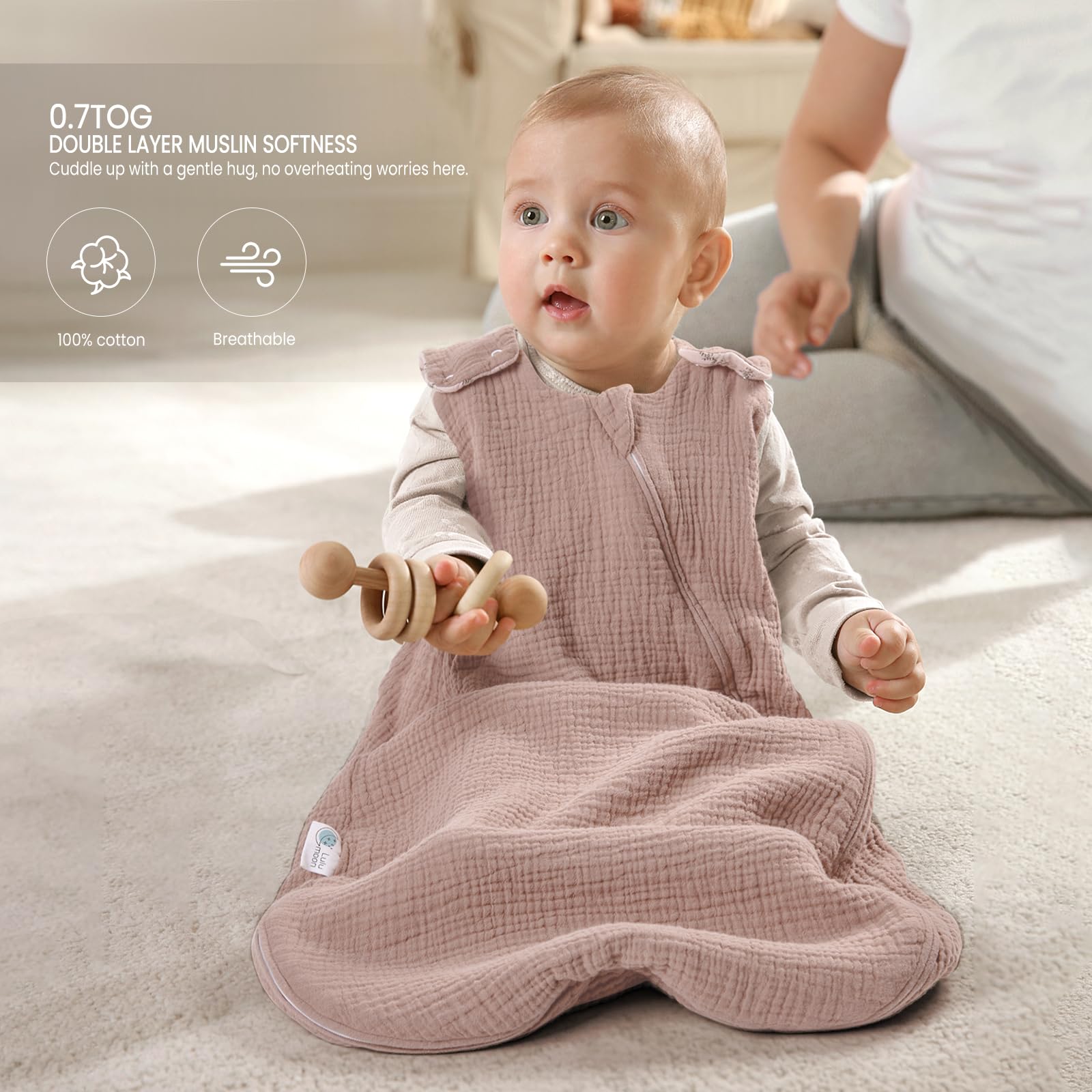 Lulumoon Sleep Sack Muslin in neutral hues to fit any nursery look.