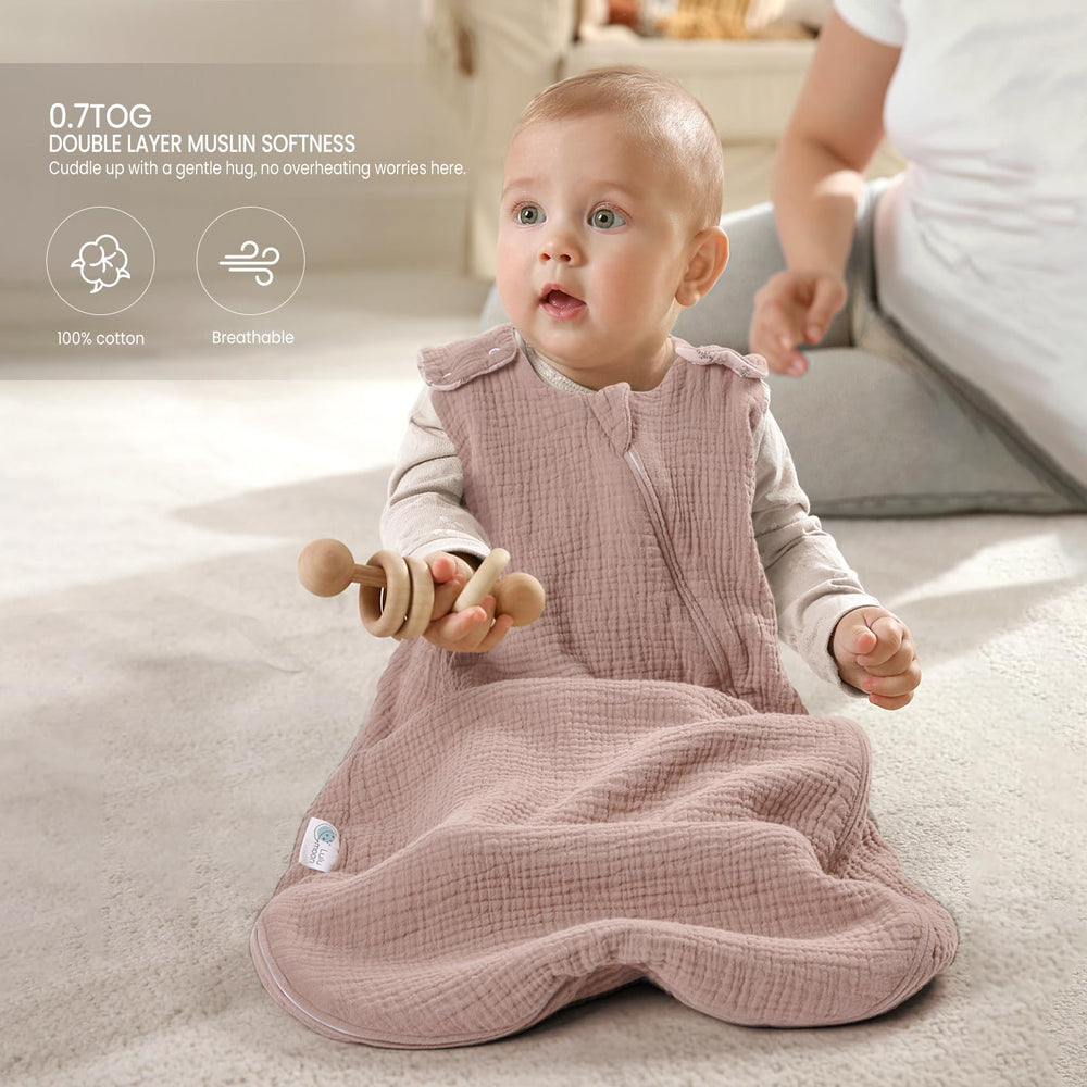 Lulumoon Sleep Sack Muslin in neutral hues to fit any nursery look.