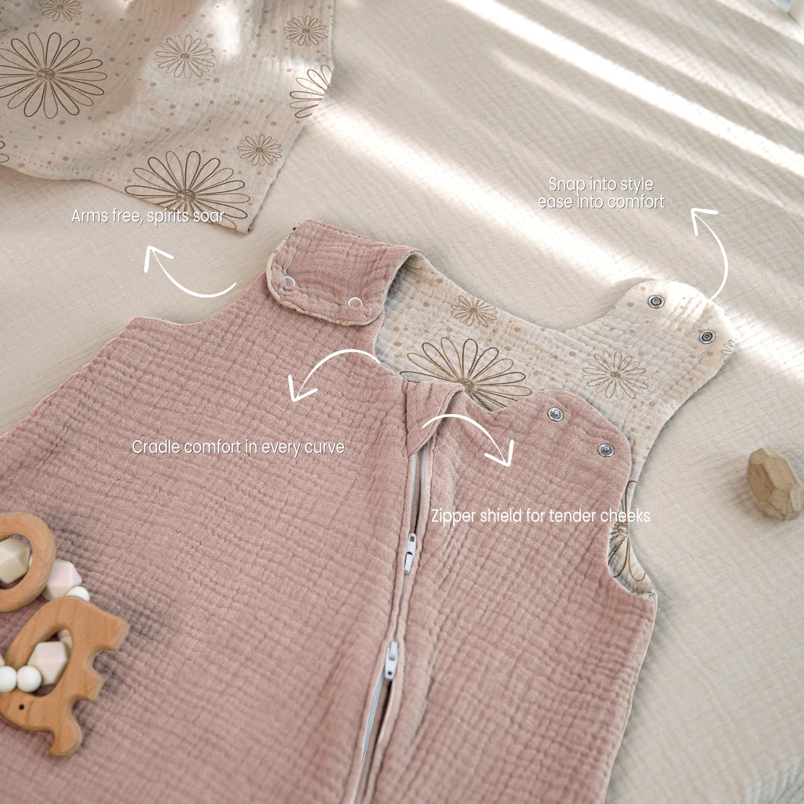 Lulumoon Sleep Sack Muslin neutral hues blend with nursery decor.