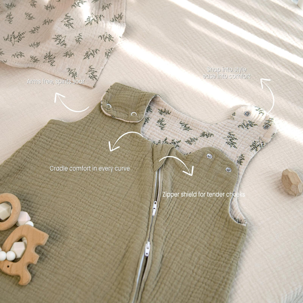lulumoon Sleep Sack Muslin in neutral hues blends with decor.