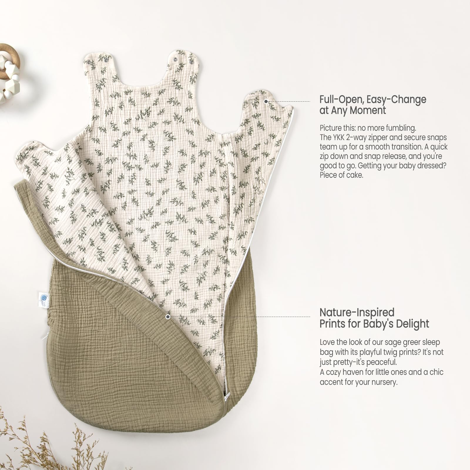 lulumoon Sleep Sack Muslin has an extra-wide bottom for movement.