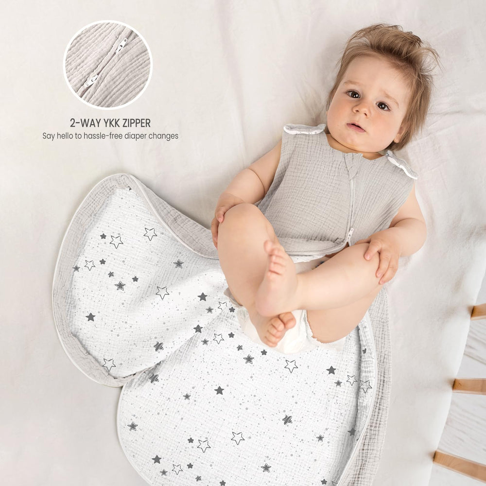 Lulumoon Sleep Sack Muslin with spacious bottom for active play and rest.