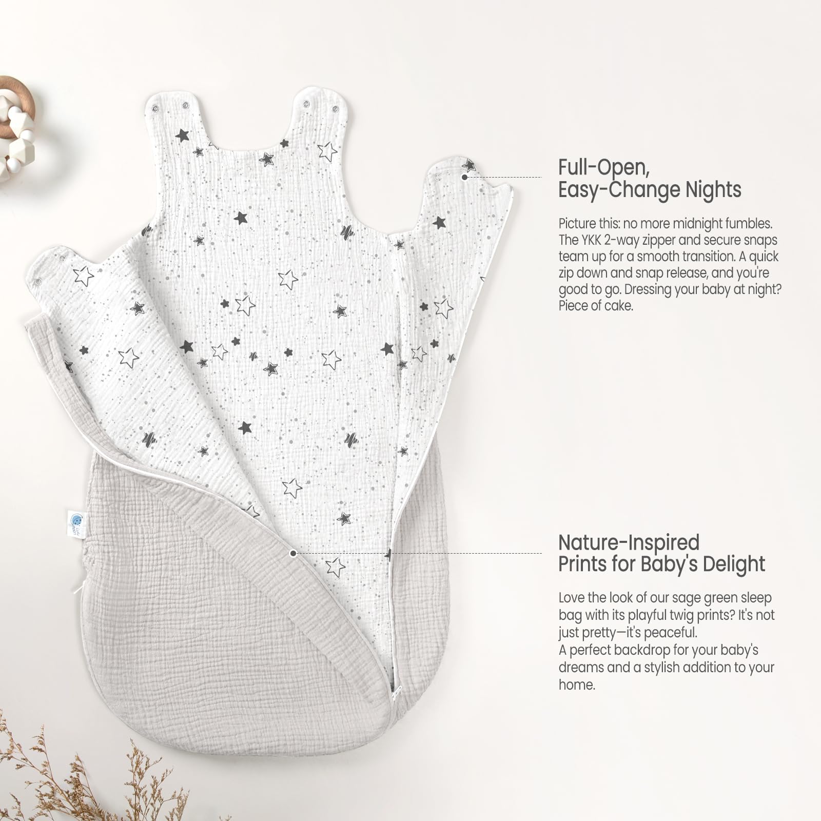 Lulumoon Sleep Sack Muslin spacious bottom supports free movement.