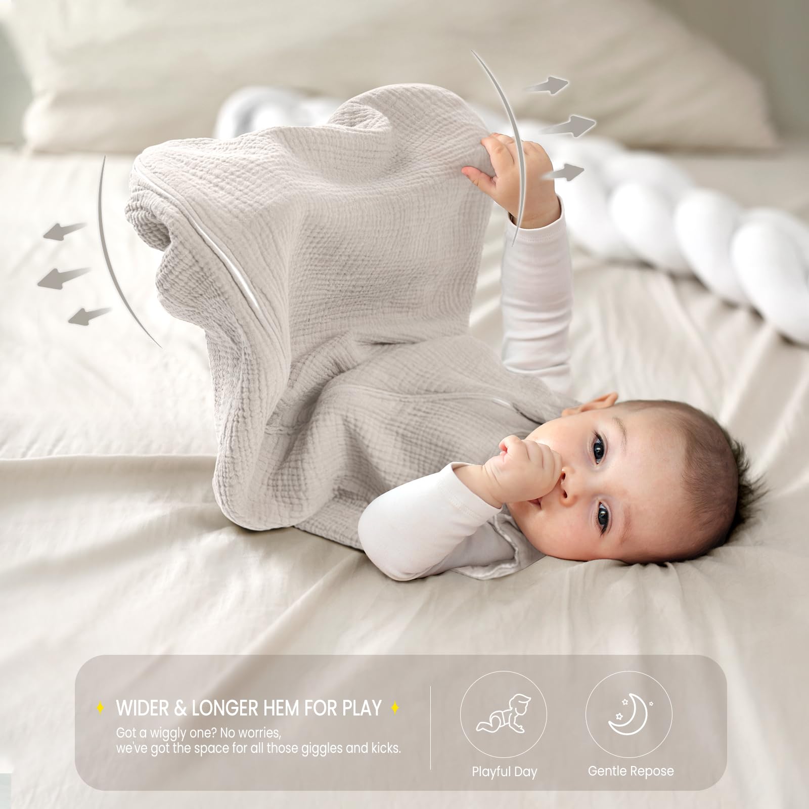 Lulumoon Sleep Sack Muslin features two-way zipper for easy diaper checks.