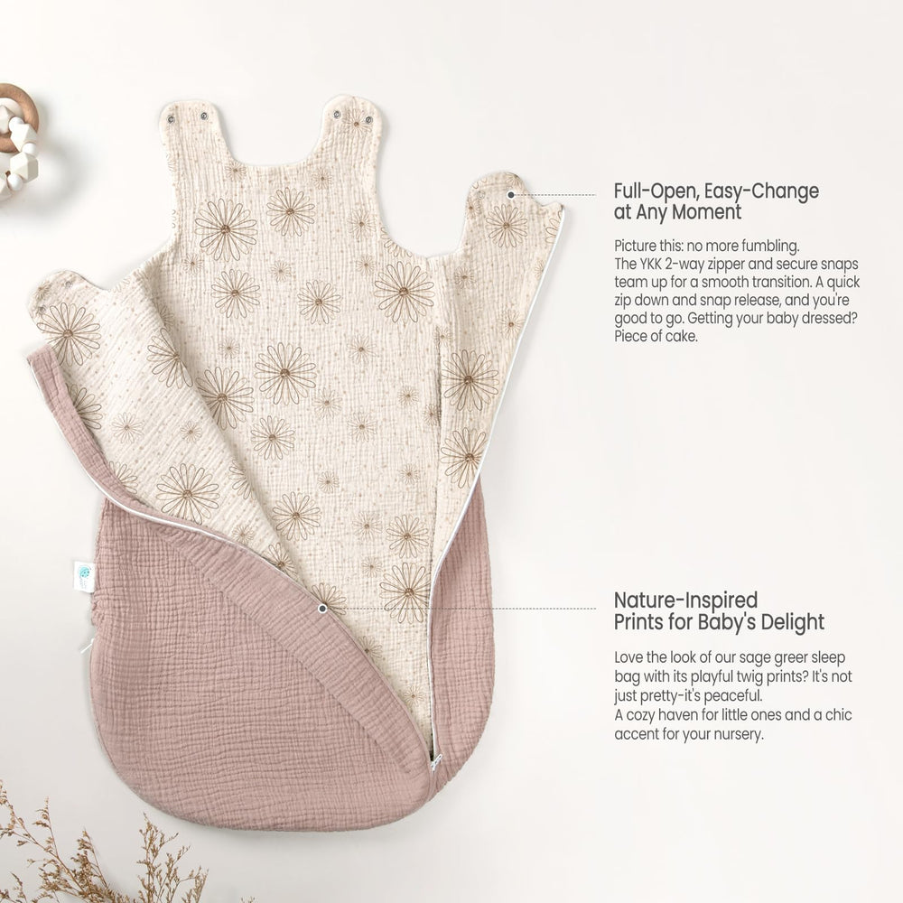 lulumoon Sleep Sack Muslin features shoulder snaps for quick dressing.
