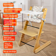 lulunemo adjustable seat height demonstrates growing child comfort during meals.