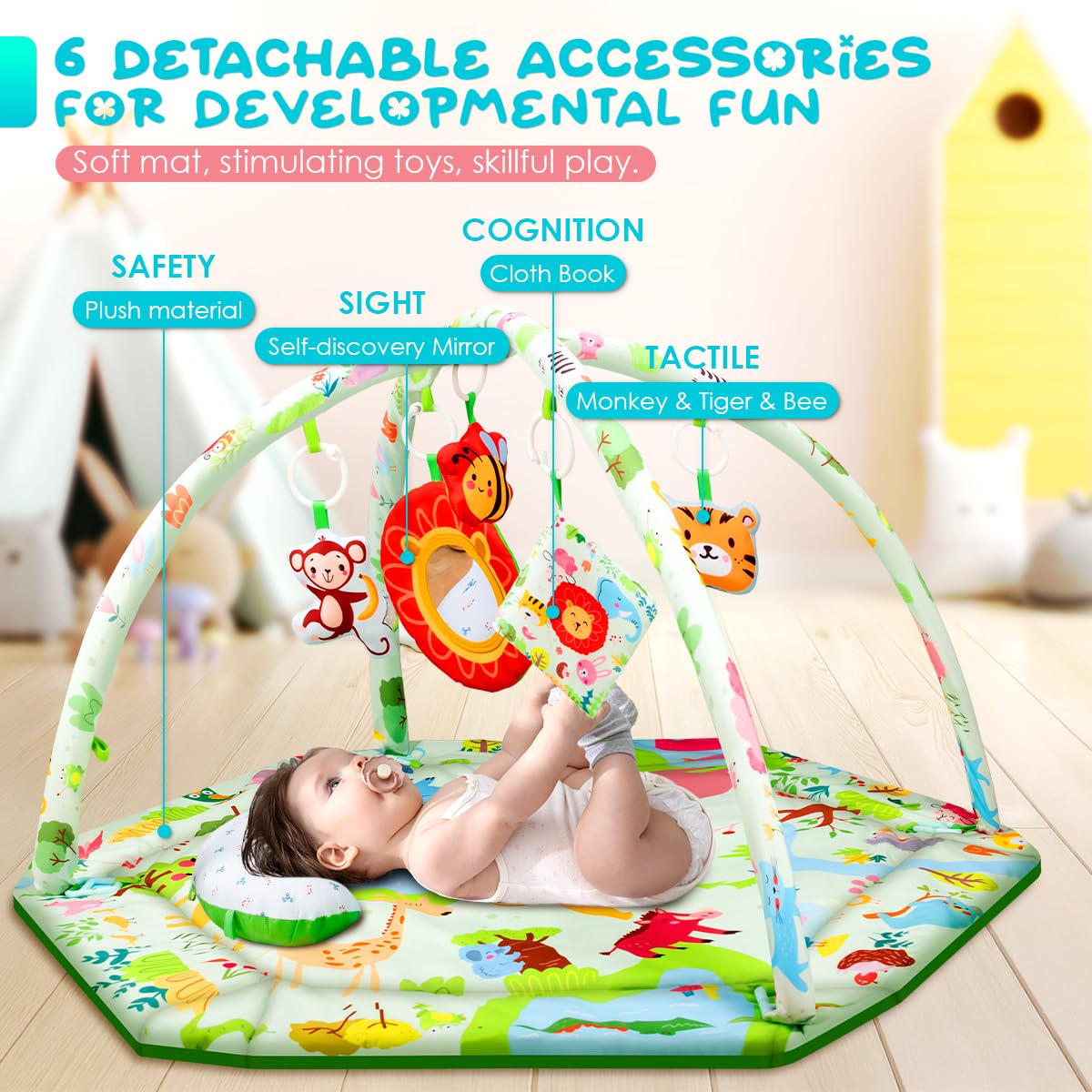 lulunemo baby play mat with detachable toys for visual and motor development