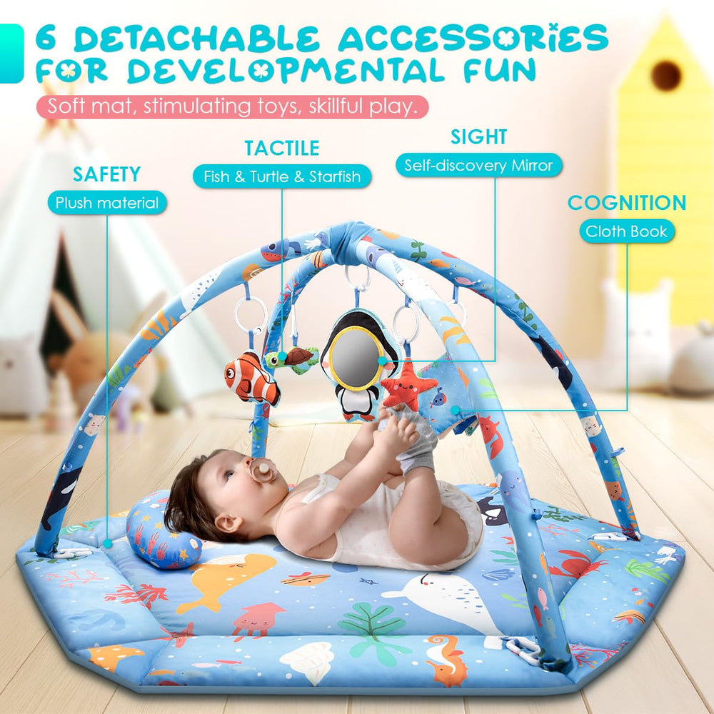 The turtle toy on lulunemo Ocean Play Mat encourages tactile exploration
