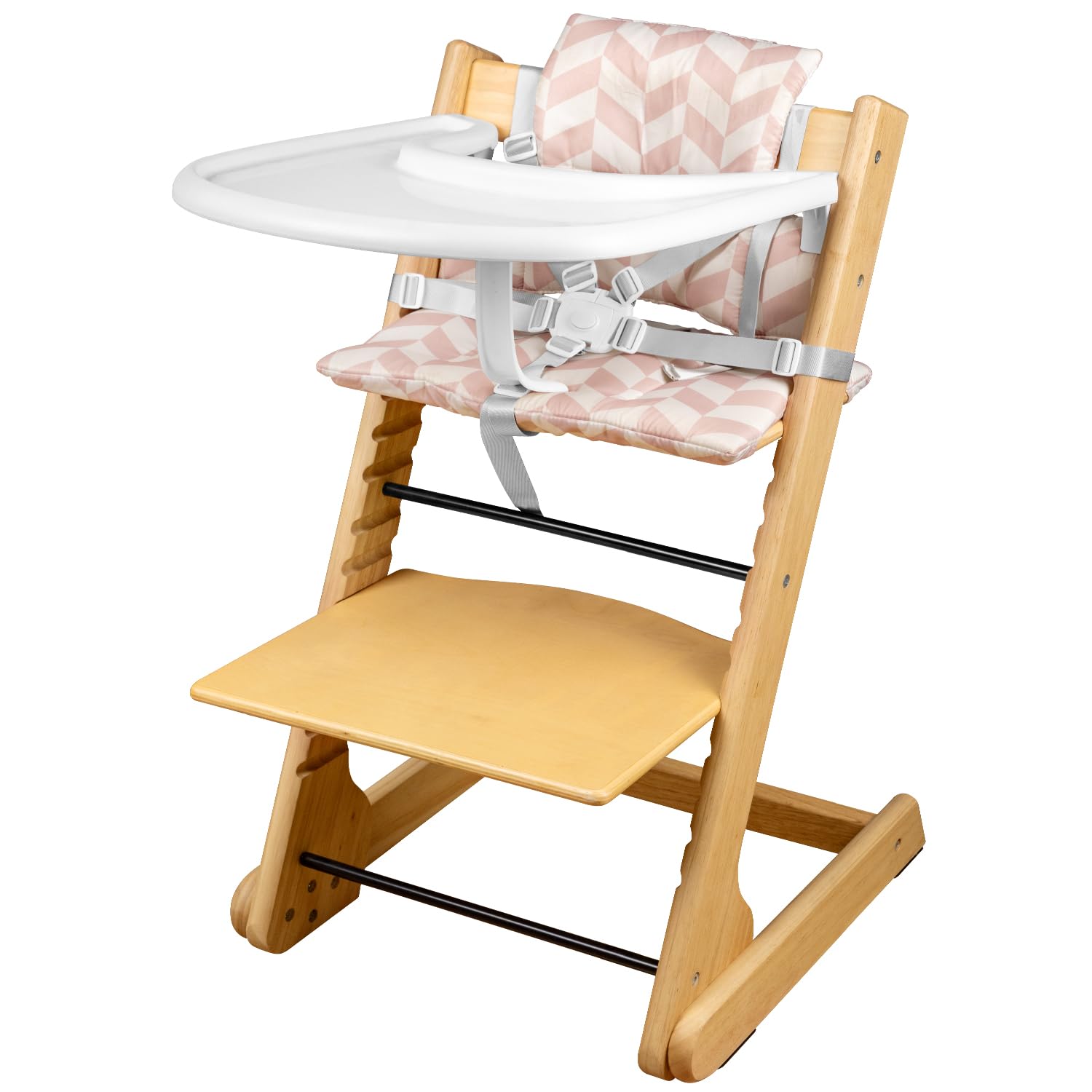 lulunemo wooden high chair with tray provides secure feeding for toddlers.