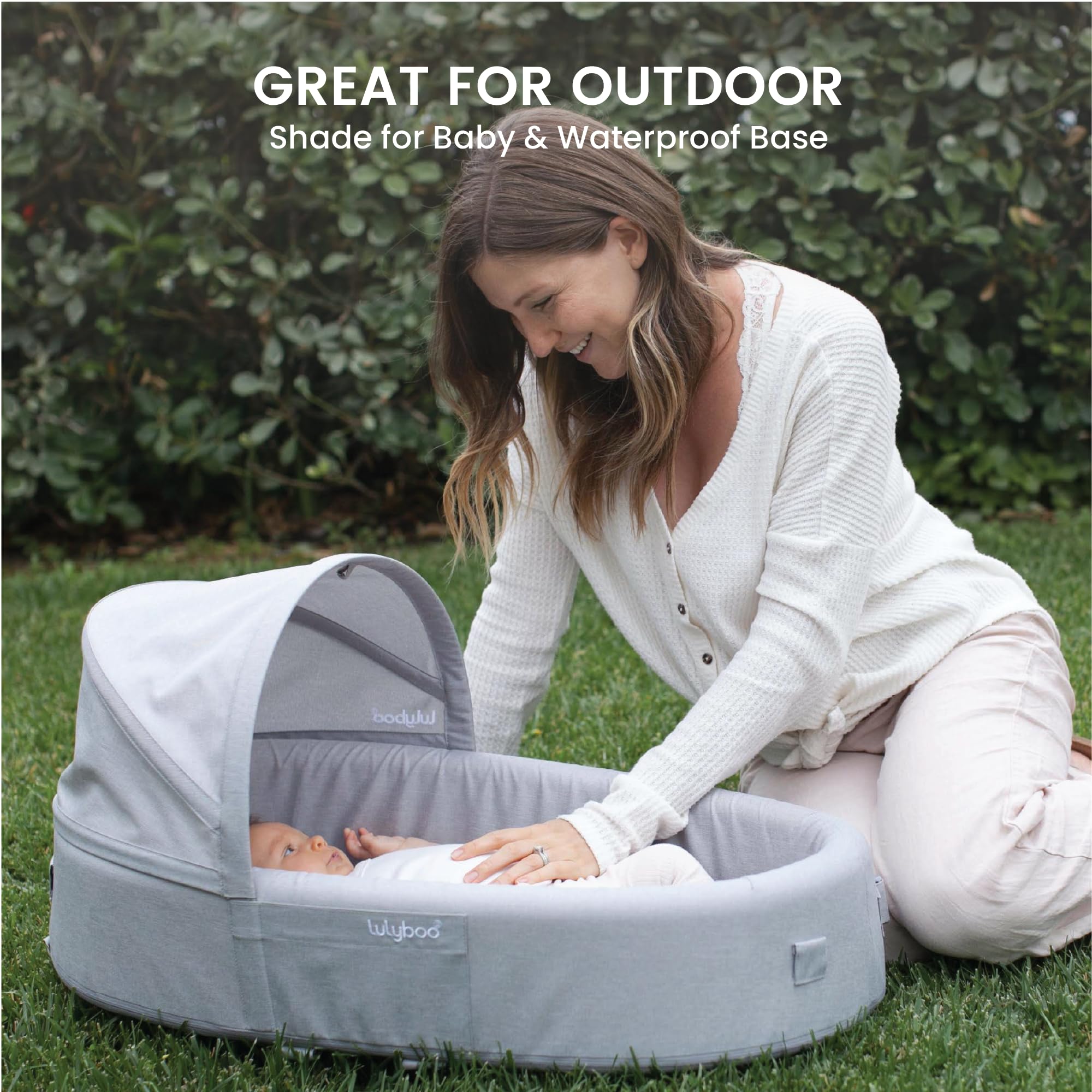 Lulyboo Bubble Travel Lounge activity bar with plush toys to engage baby.