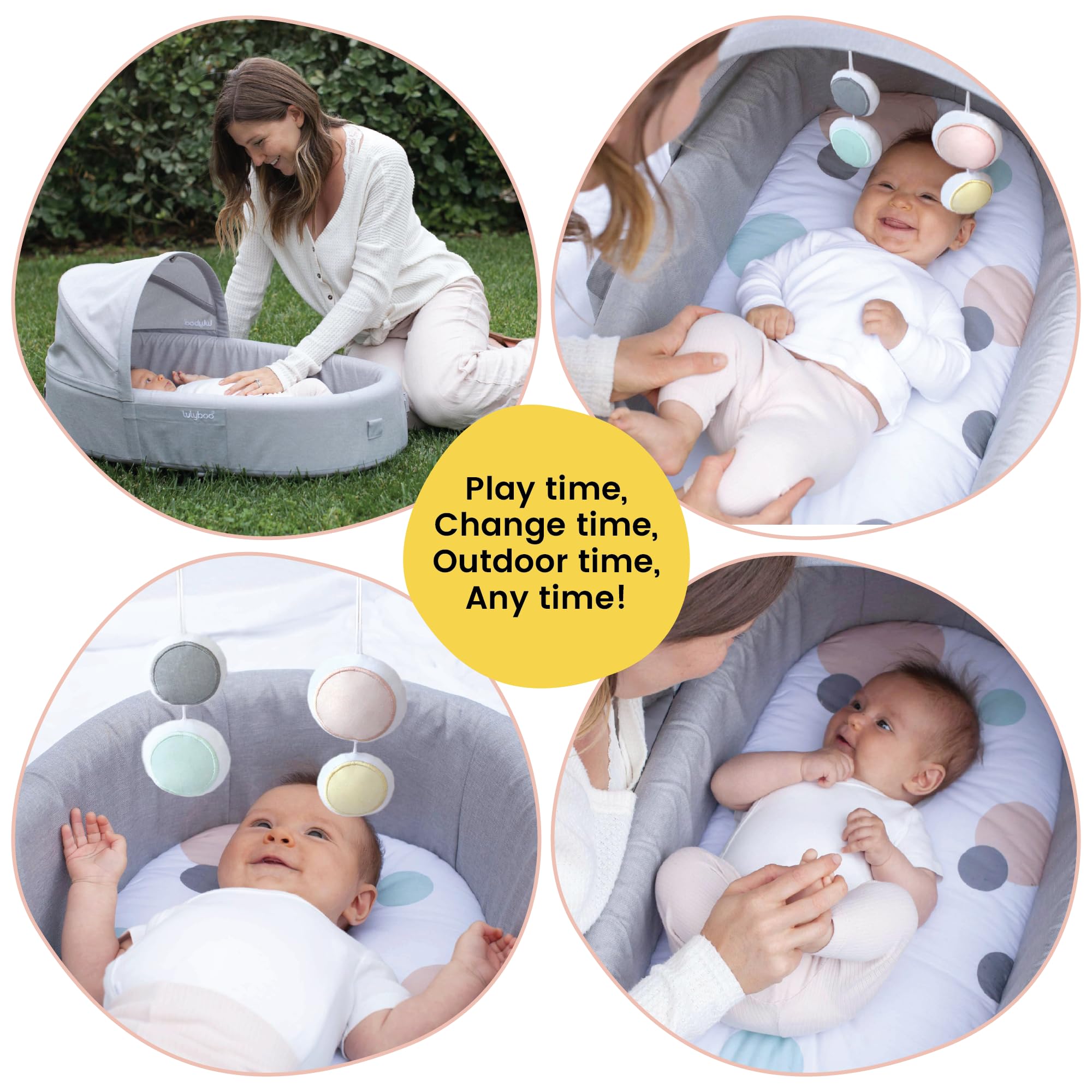 Lulyboo Bubble Travel Lounge removable canopy protects from sun during outings.