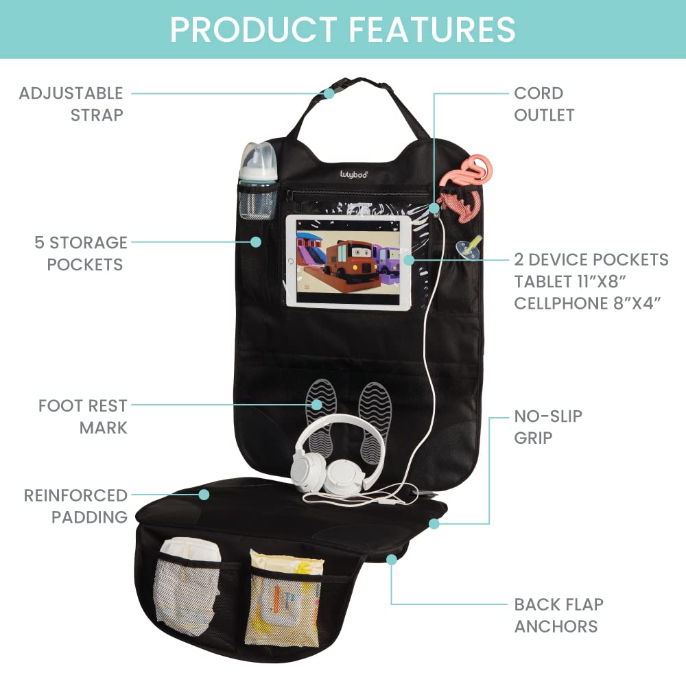 Lulyboo car seat protector has diapers and wipes pockets for essential access.