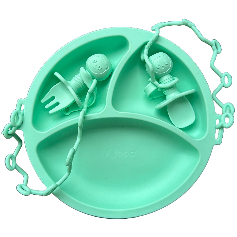 Lulyboo feeding set with silicone suction plate, spoon, and fork for spill-free mealtimes