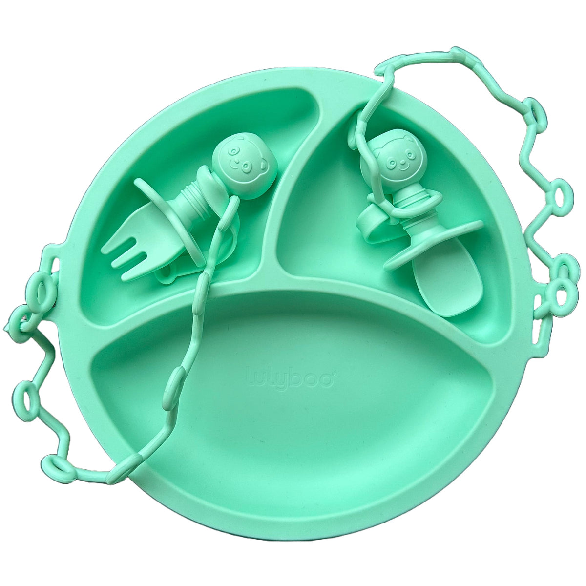 Lulyboo feeding set with silicone suction plate, spoon, and fork for spill-free mealtimes