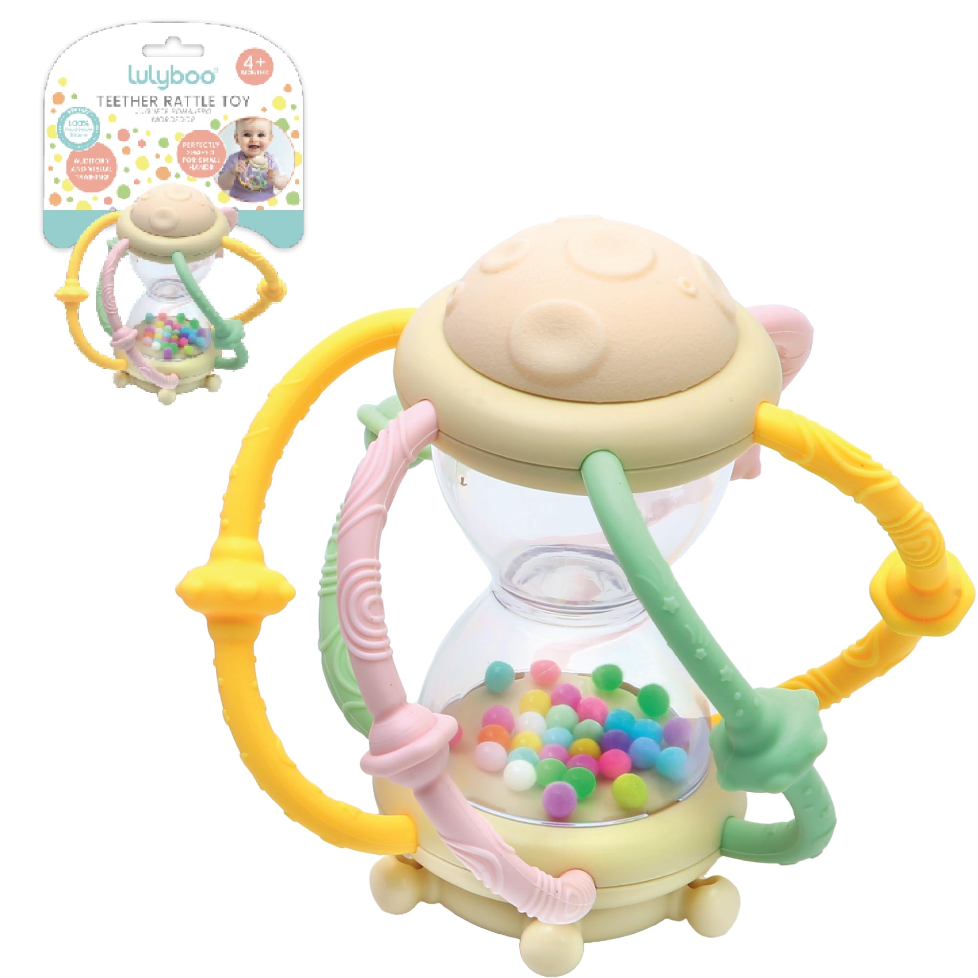 Lulyboo Teether Rattle bright colors and playful shapes spark visual curiosity.