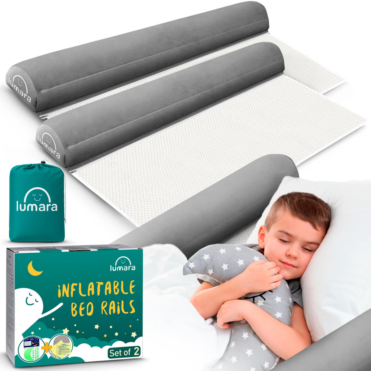 LUMARA inflatable bed rails for toddlers, two-pack, ready for travel and home use.