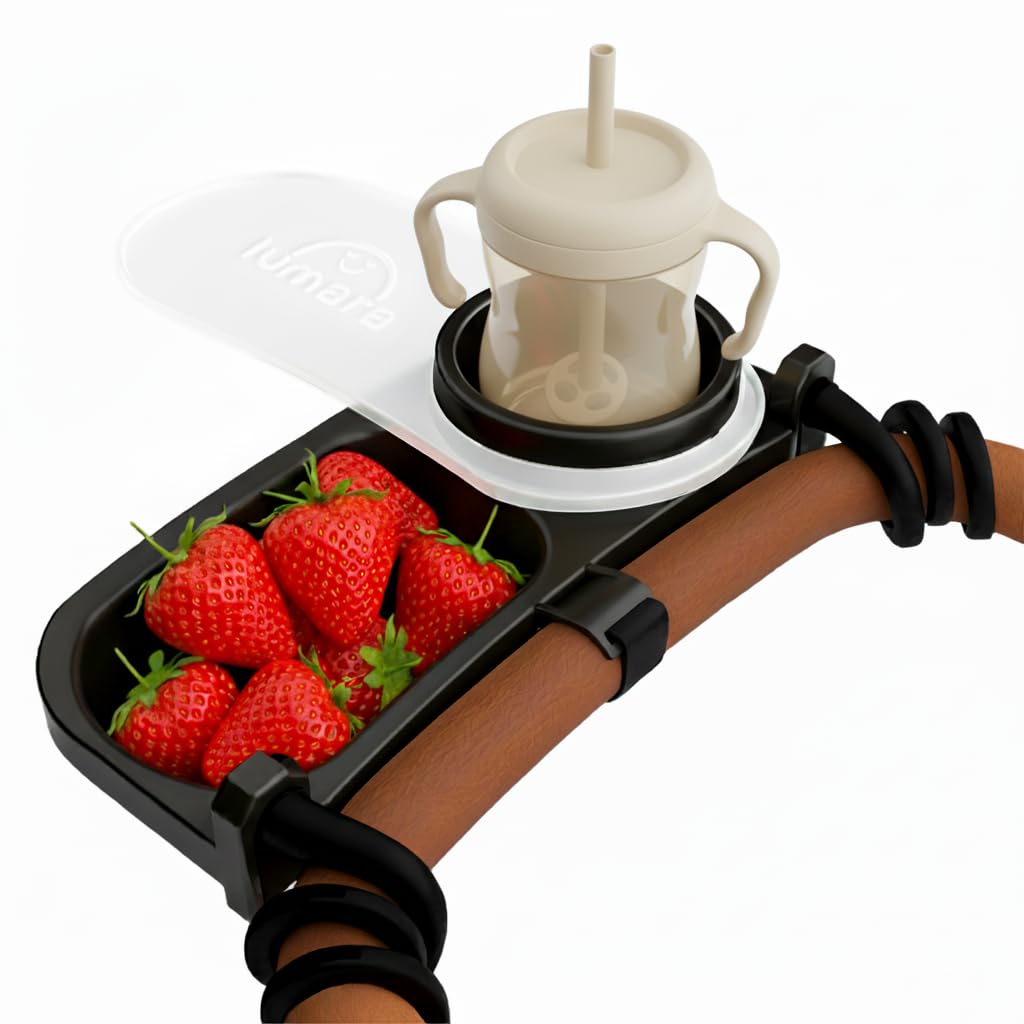 LUMARA universal stroller snack tray with cup holder for easy feeding on outings.