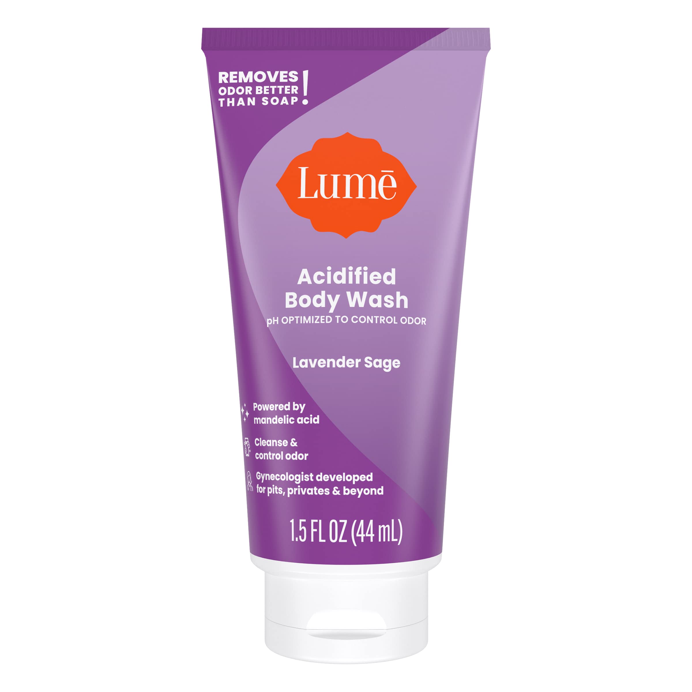 Lume Acidified Body Wash 24hr odor-control graphic illustrates long-lasting freshness.