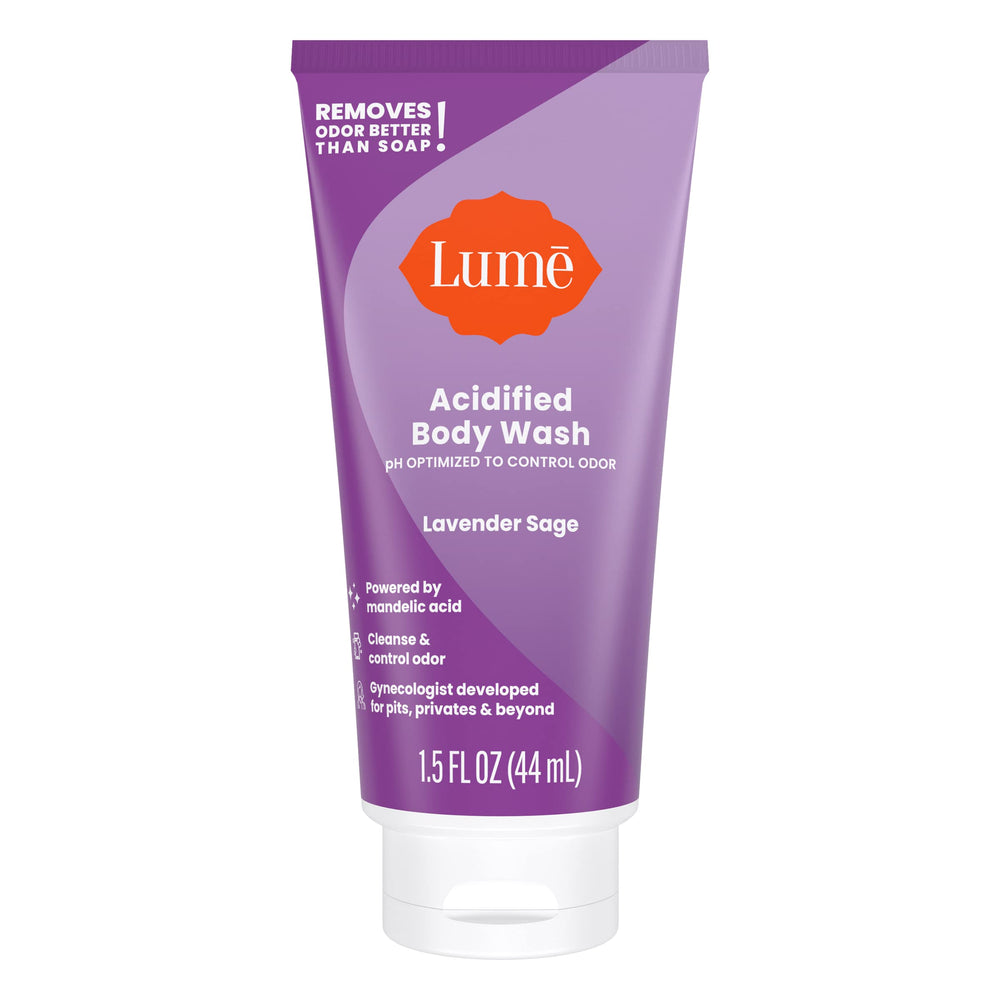 Lume Acidified Body Wash 24hr odor-control graphic illustrates long-lasting freshness.