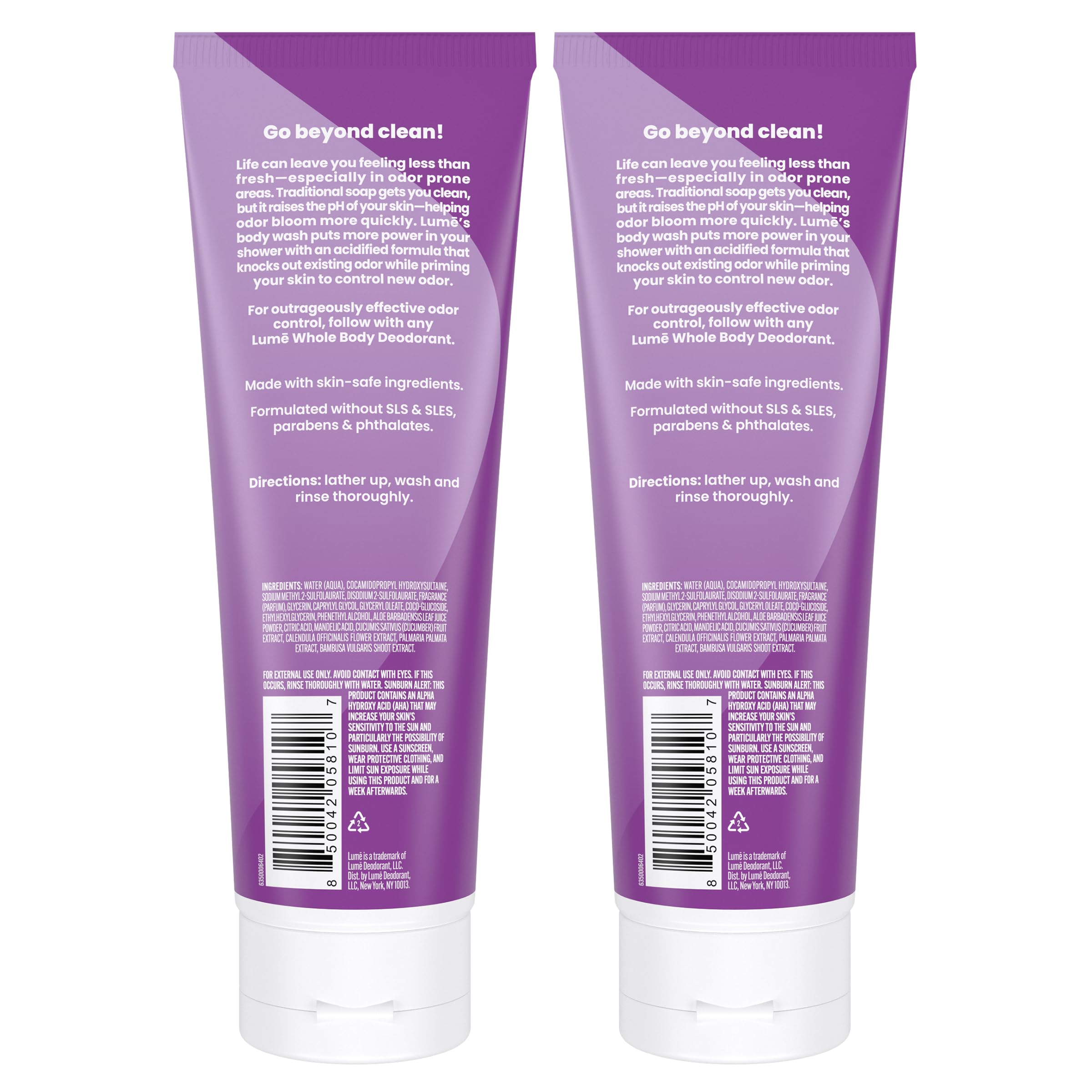 Lume Acidified Body Wash label closeup showing skin-safe formula and absence of SLS/SLES.
