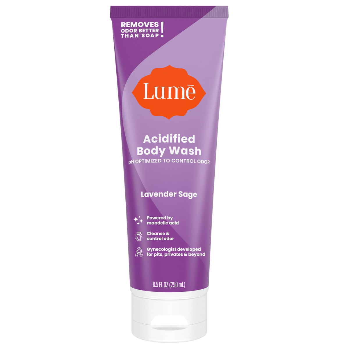 Lume Acidified Body Wash bottle pour showing easy dispensing and 24-hour odor control