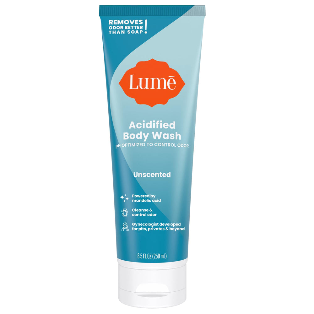 Lume Acidified Body Wash bottle, unscented, designed for long-lasting odor control.