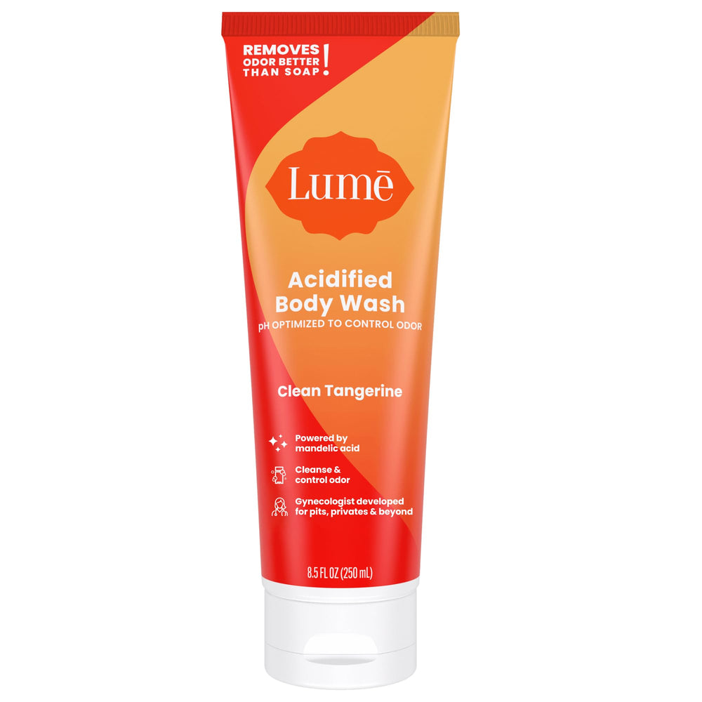 Lume Acidified Body Wash bottle shows the clean Tangerine scent