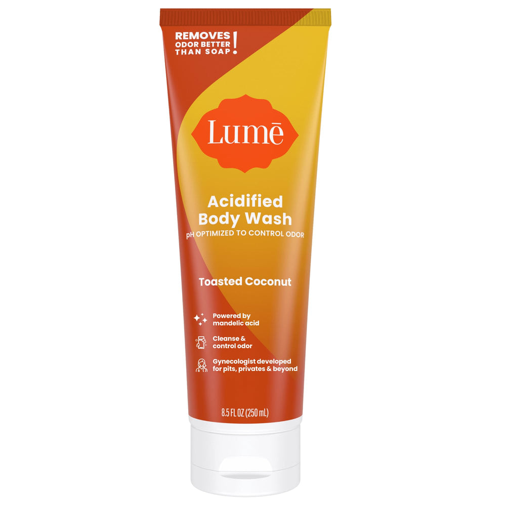Lume Acidified Body Wash bottle on sink delivering 24-hour odor control.