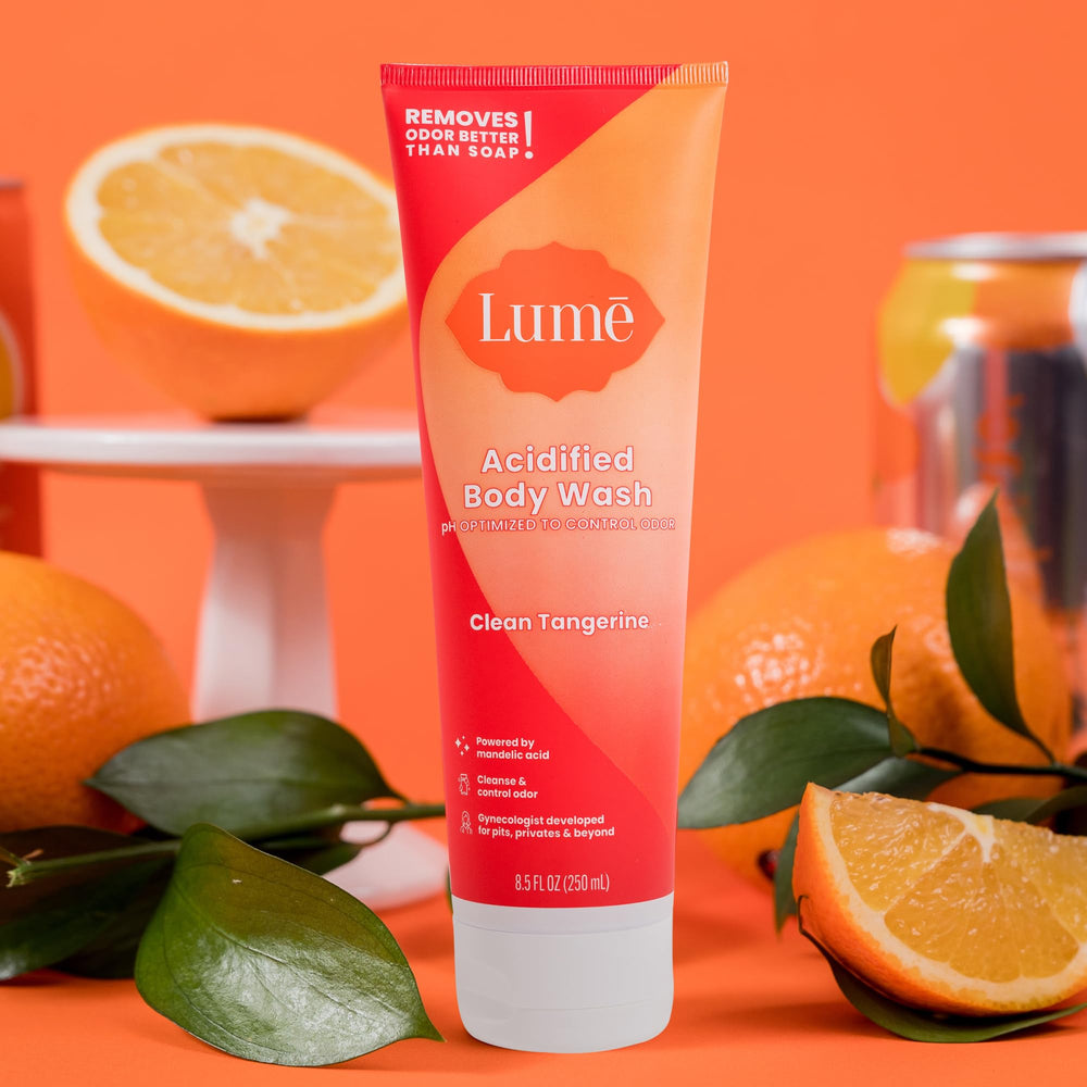 Lume Acidified Body Wash citrus scent conveys bright, clean notes.