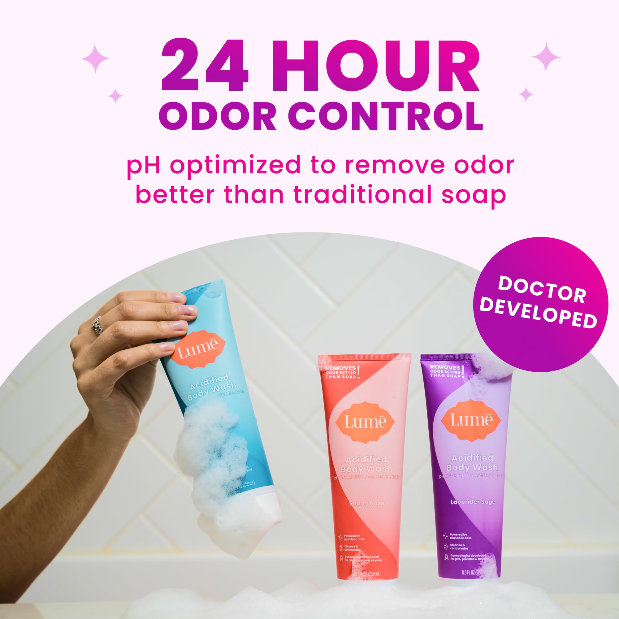 Lume Acidified Body Wash foamy lather demonstrates rich texture for gentle cleansing.