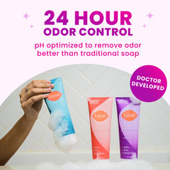 Lume Acidified Body Wash foamy lather demonstrates rich texture for gentle cleansing.