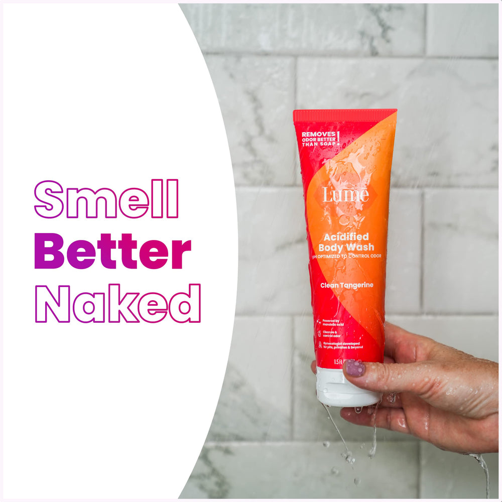 Lume Acidified Body Wash lather closeup with rich moisturizing foam.