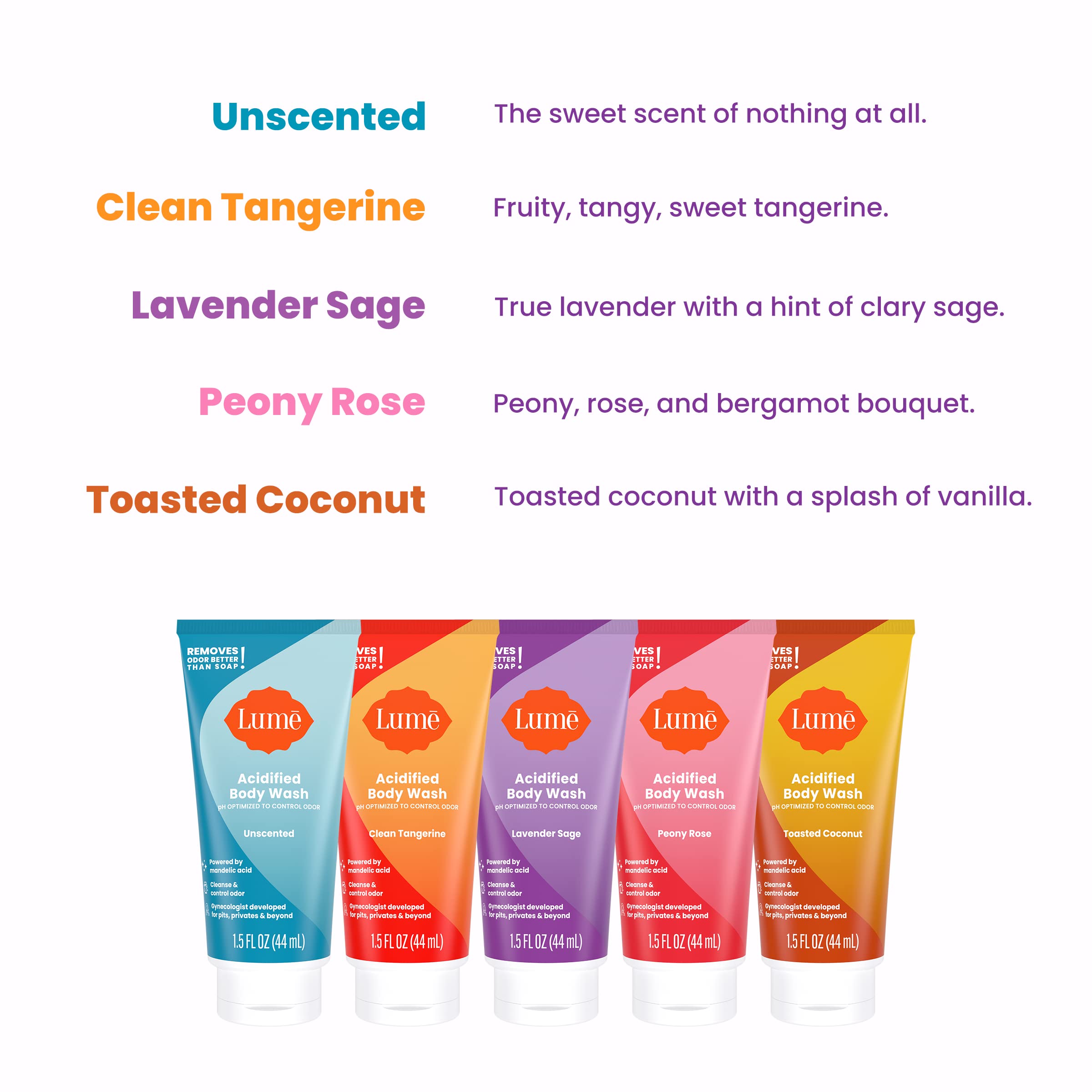 Lume Acidified Body Wash mini Tangerine front view highlights refreshing citrus cleanse.