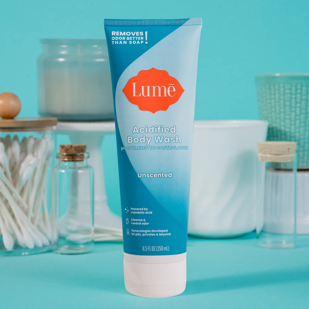 OB/GYN developed badge on Lume bottle signaling trusted formulation.