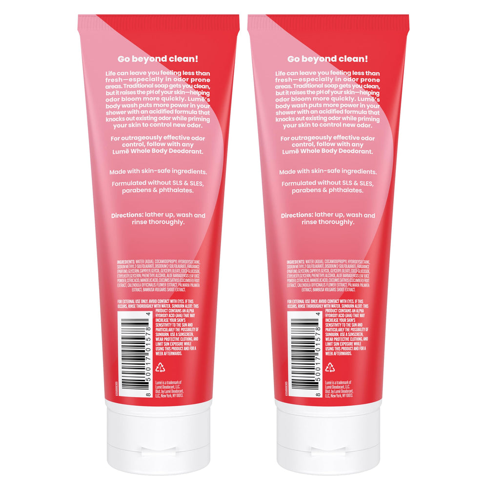 Lume Acidified Body Wash demonstrates 24-hour odor control after shower.