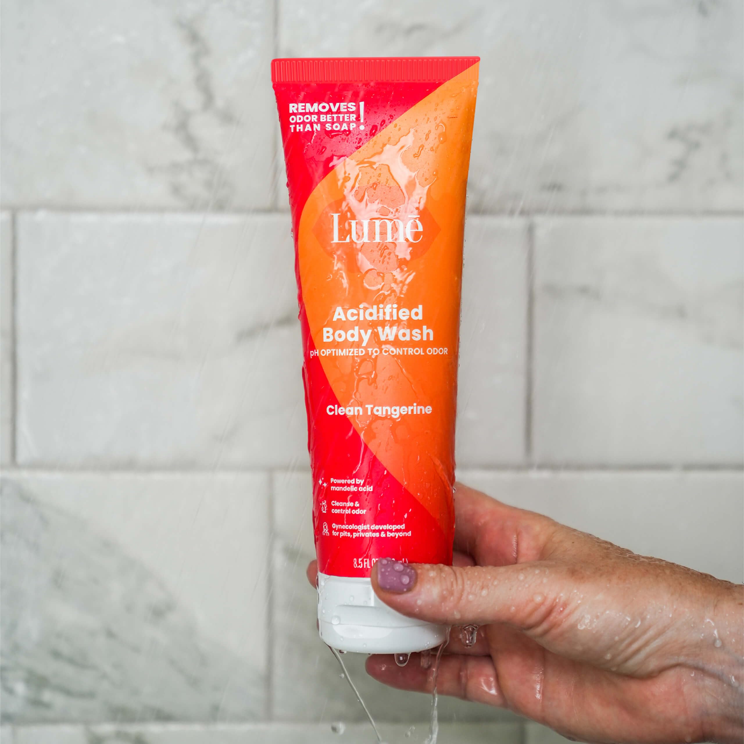 Open bottle reveals Lume's vibrant citrus fragrance for mornings