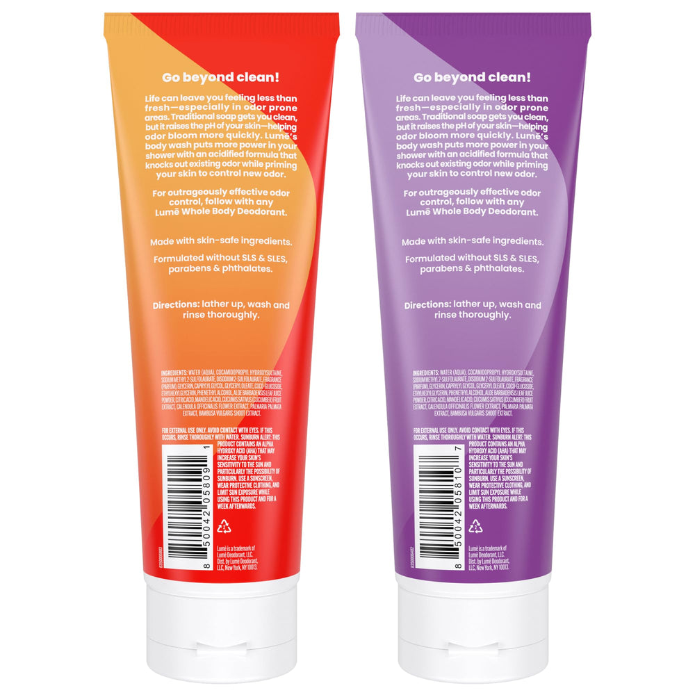Lume Acidified Body Wash Pack of Two showcases convenient at-home odor-control solution.