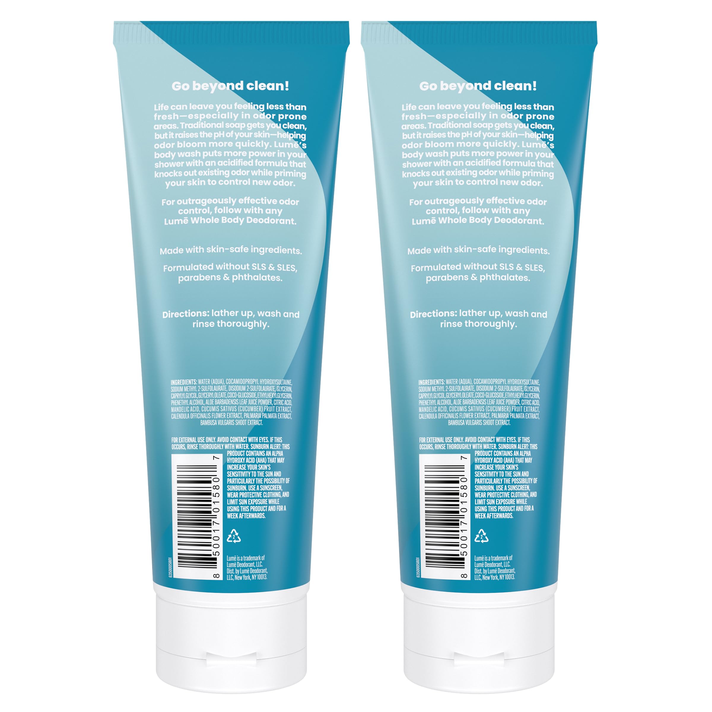 Lume Acidified Body Wash pack of two bottles enables easy daily odor management.