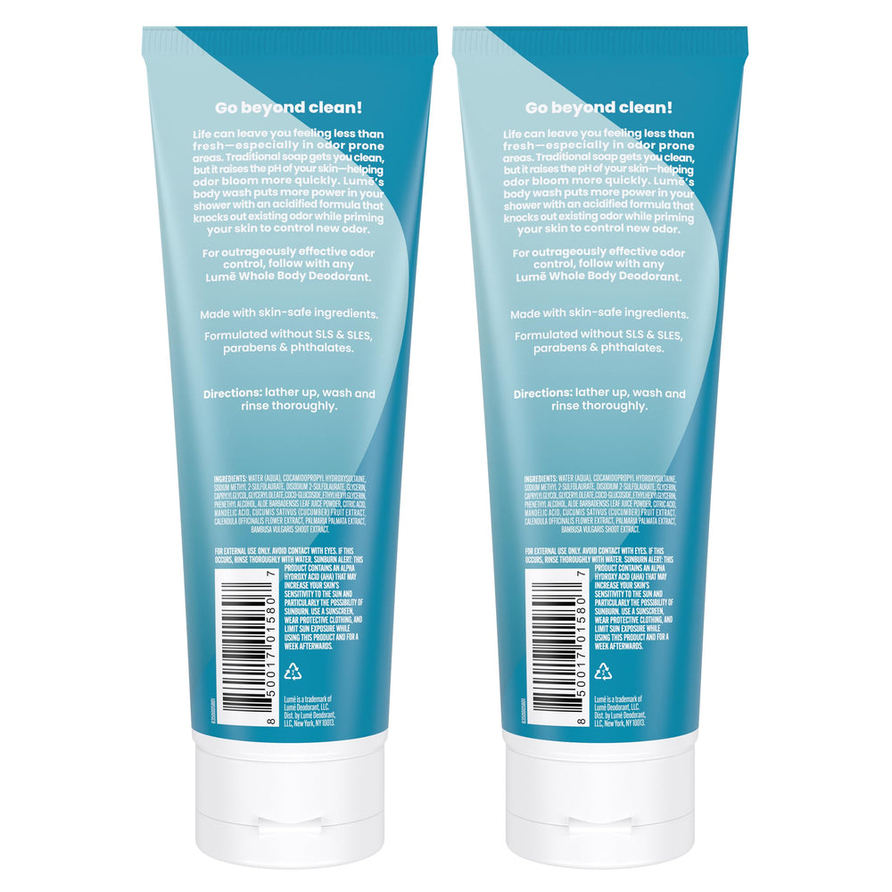 Lume Acidified Body Wash pack of two bottles enables easy daily odor management.