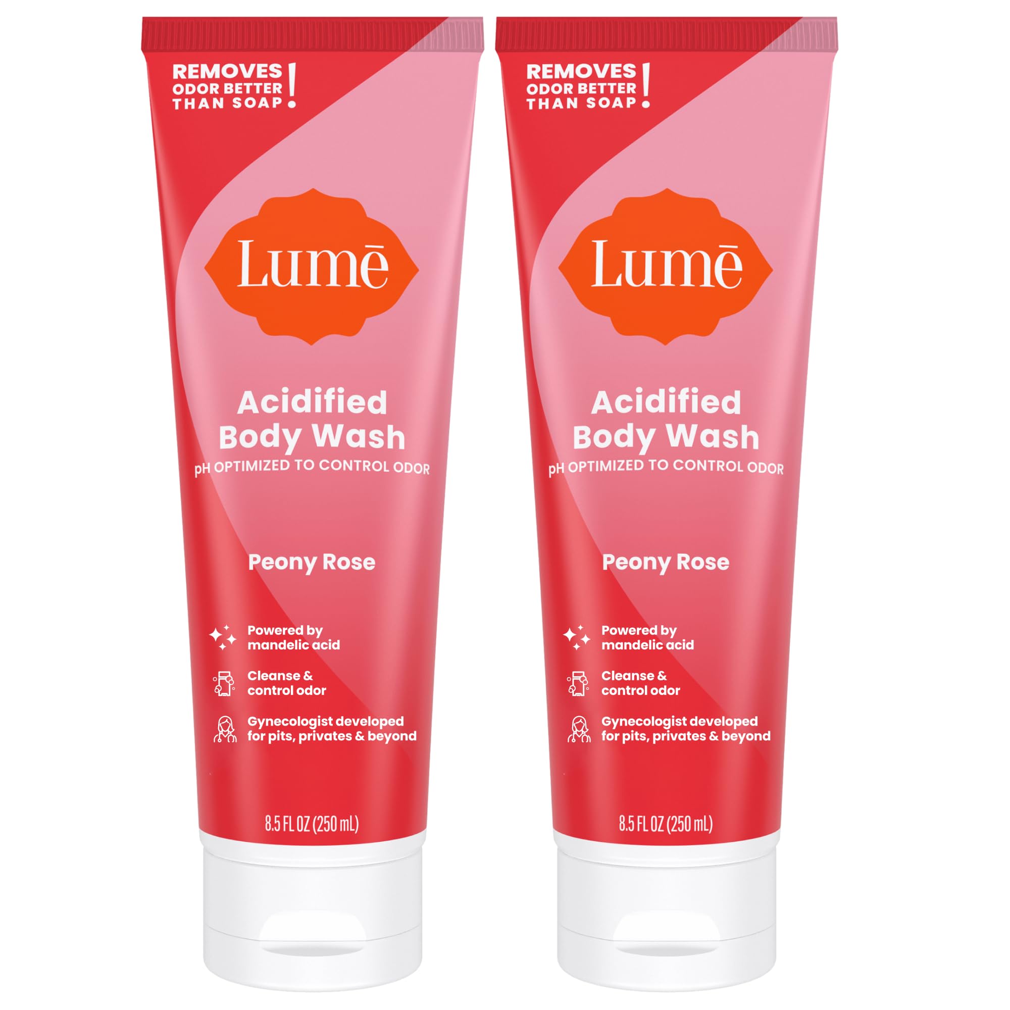 Lume Acidified Body Wash Peony Rose bottle front for long-lasting freshness.