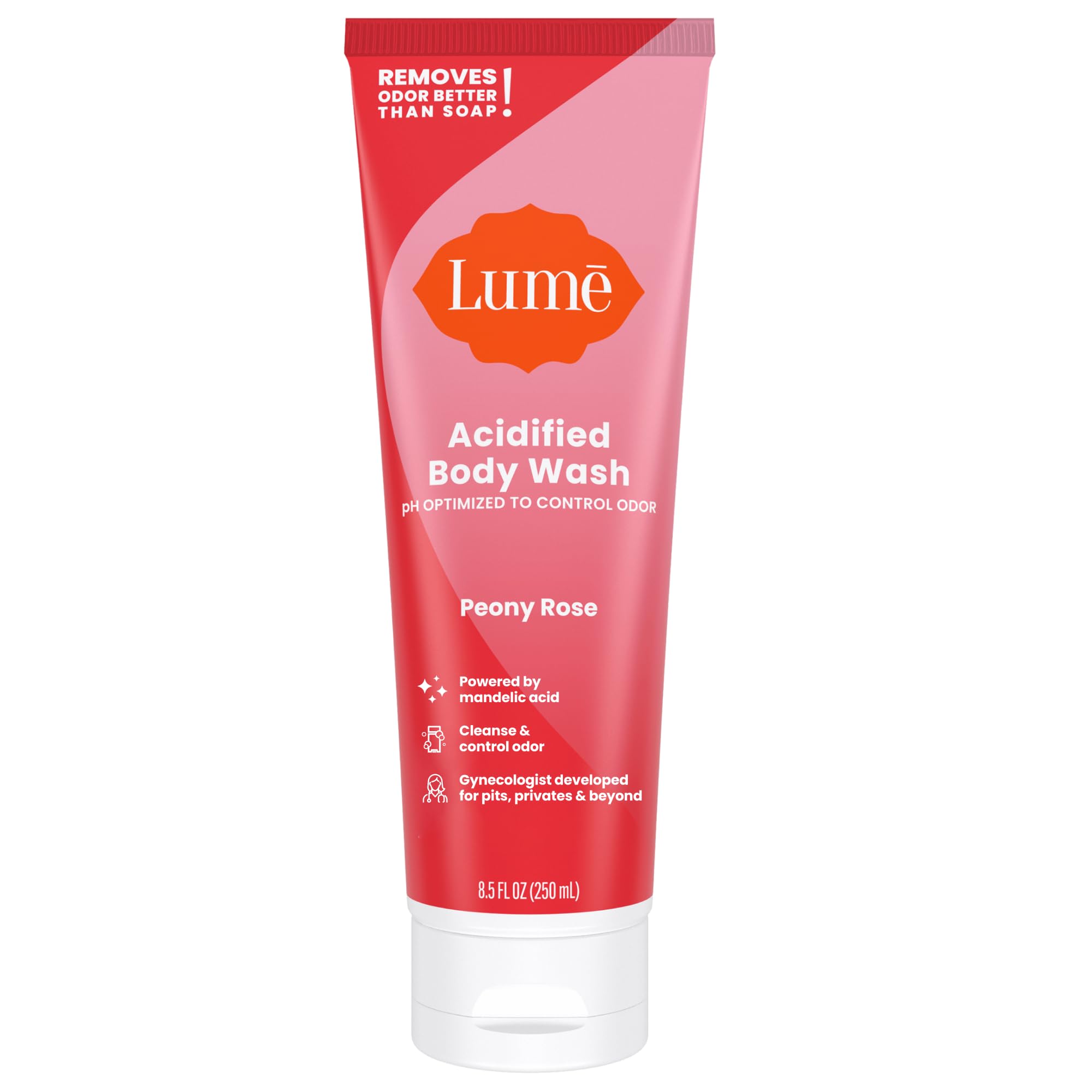 Lume Acidified Body Wash Peony Rose bottle shows long-lasting odor control.
