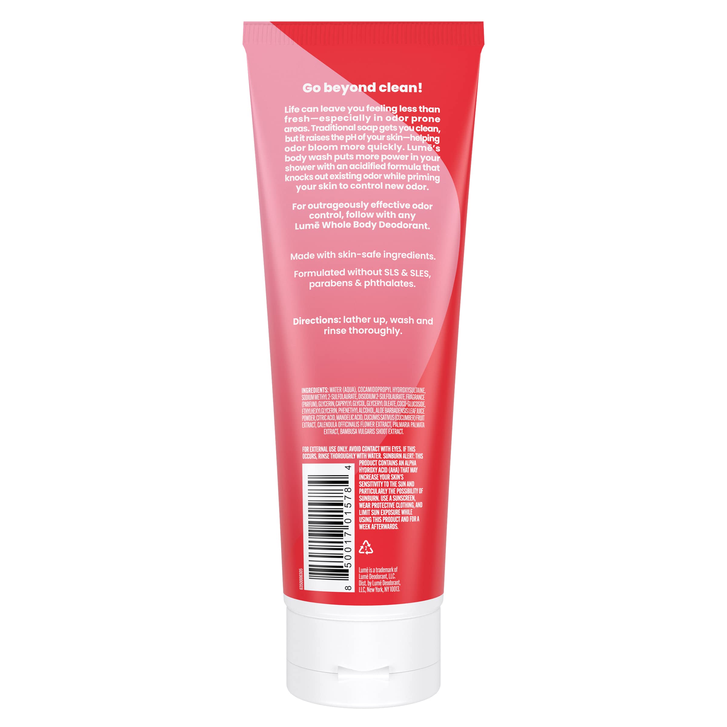Close-up of Lume label highlights SLS-free, parabens-free formula.