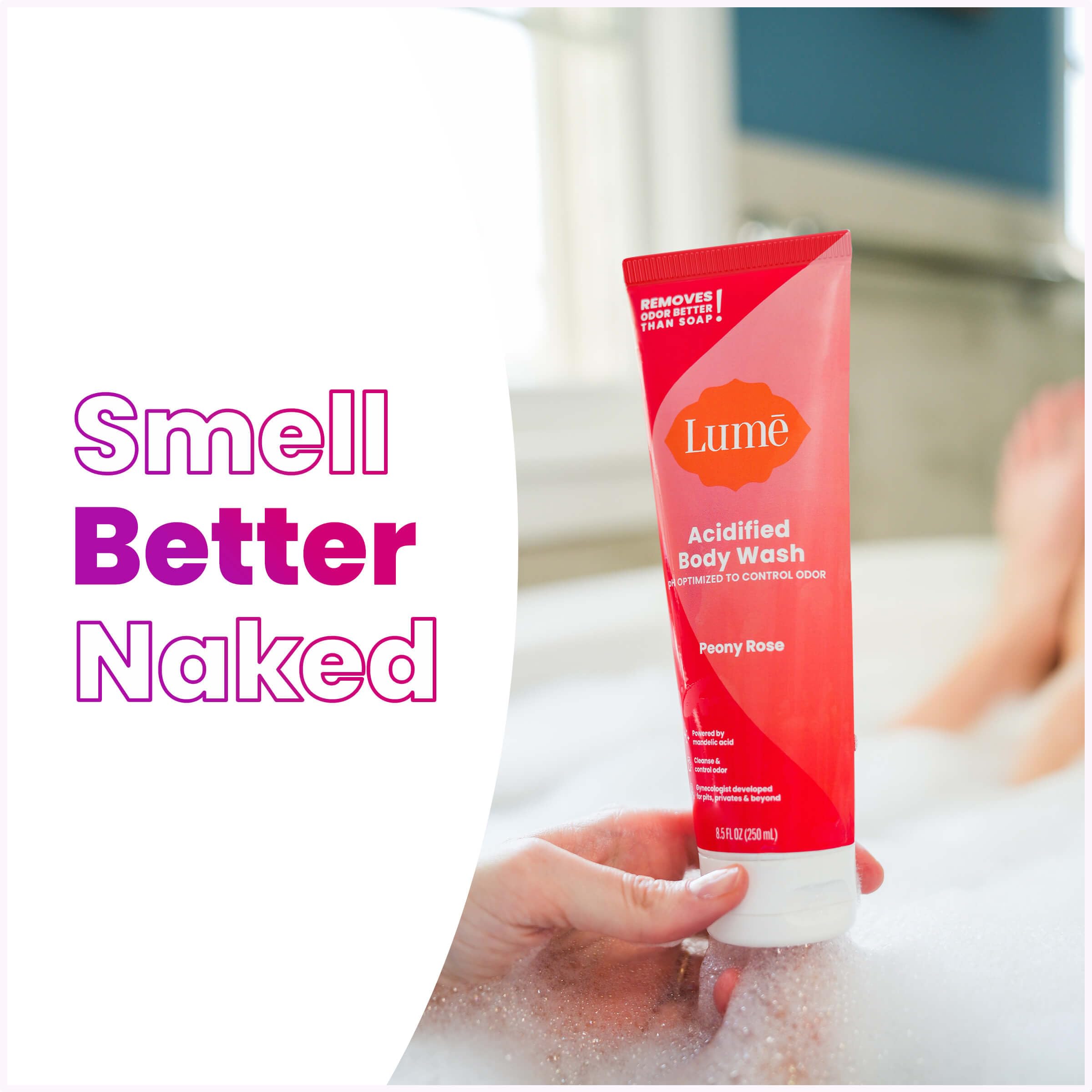 Lume Acidified Body Wash pH-optimized cleansing supports balanced skin.