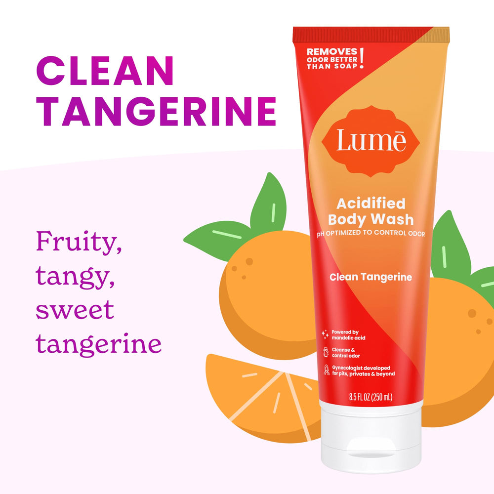 Lume Acidified Body Wash SLS-SLES-Free label emphasizes safety features.