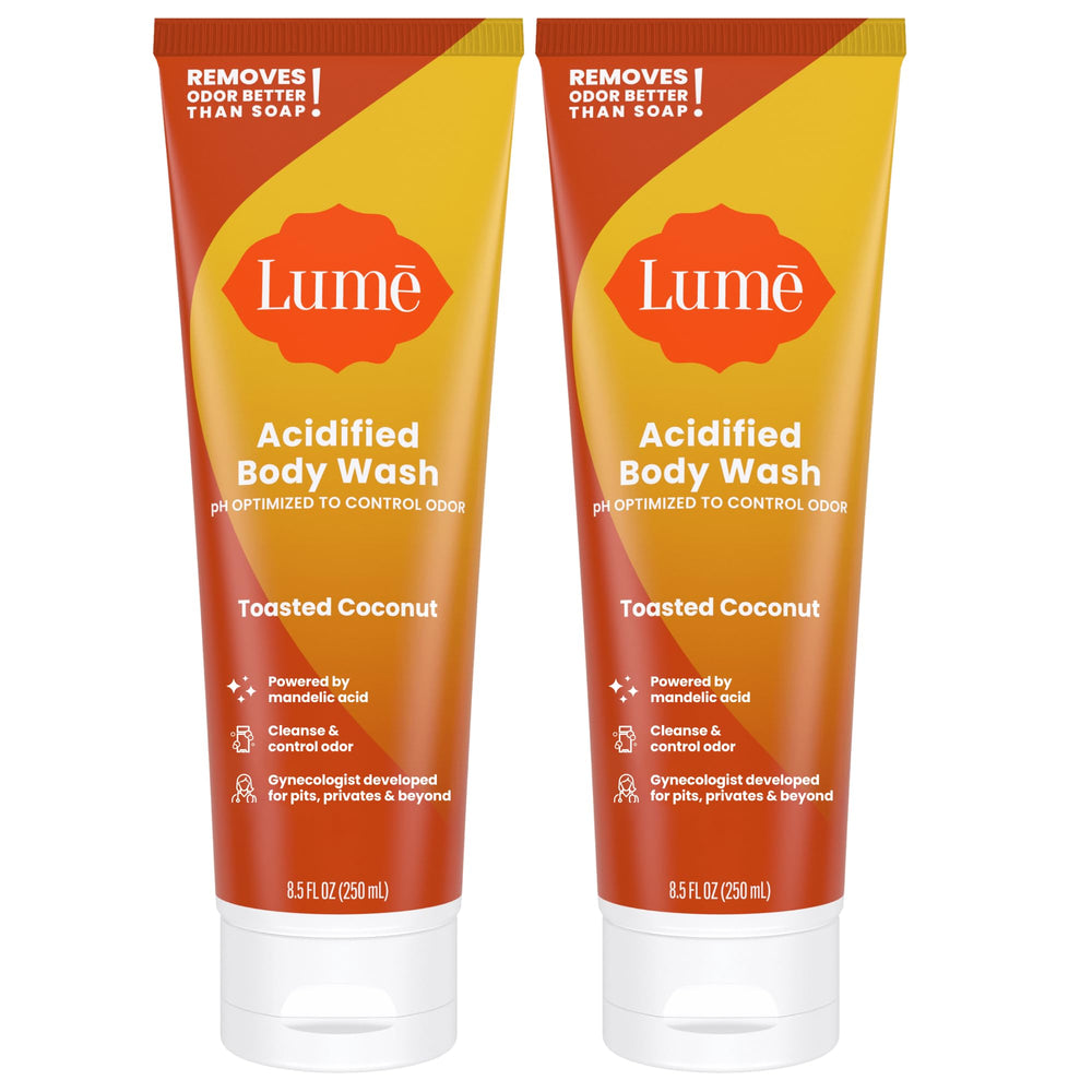 Lume Acidified Body Wash with toasted coconut bottle shows refreshing cleanse and long-lasting freshness