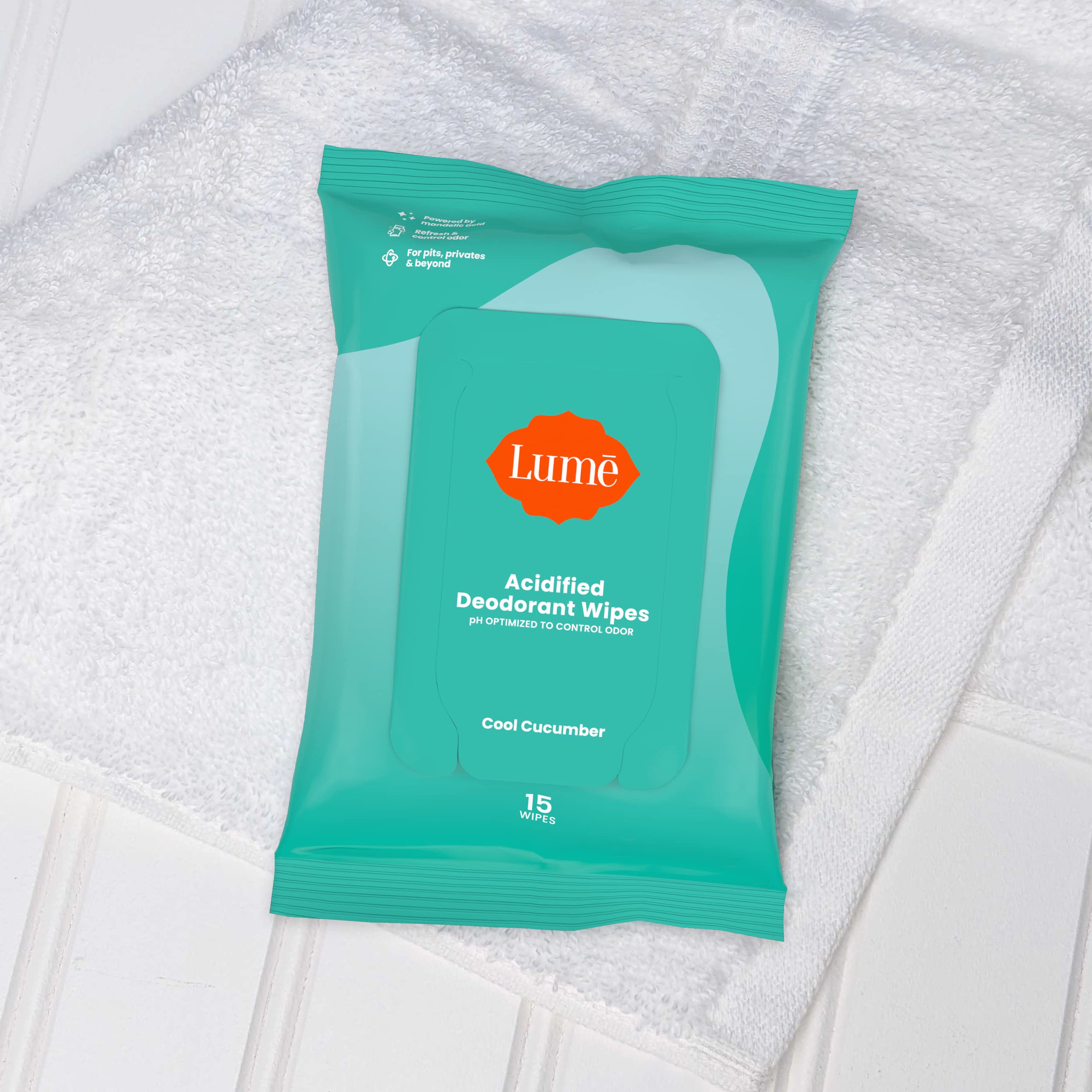 Lume Acidified Deodorant Wipes 6x6 towelettes are travel-ready for quick touch-ups.