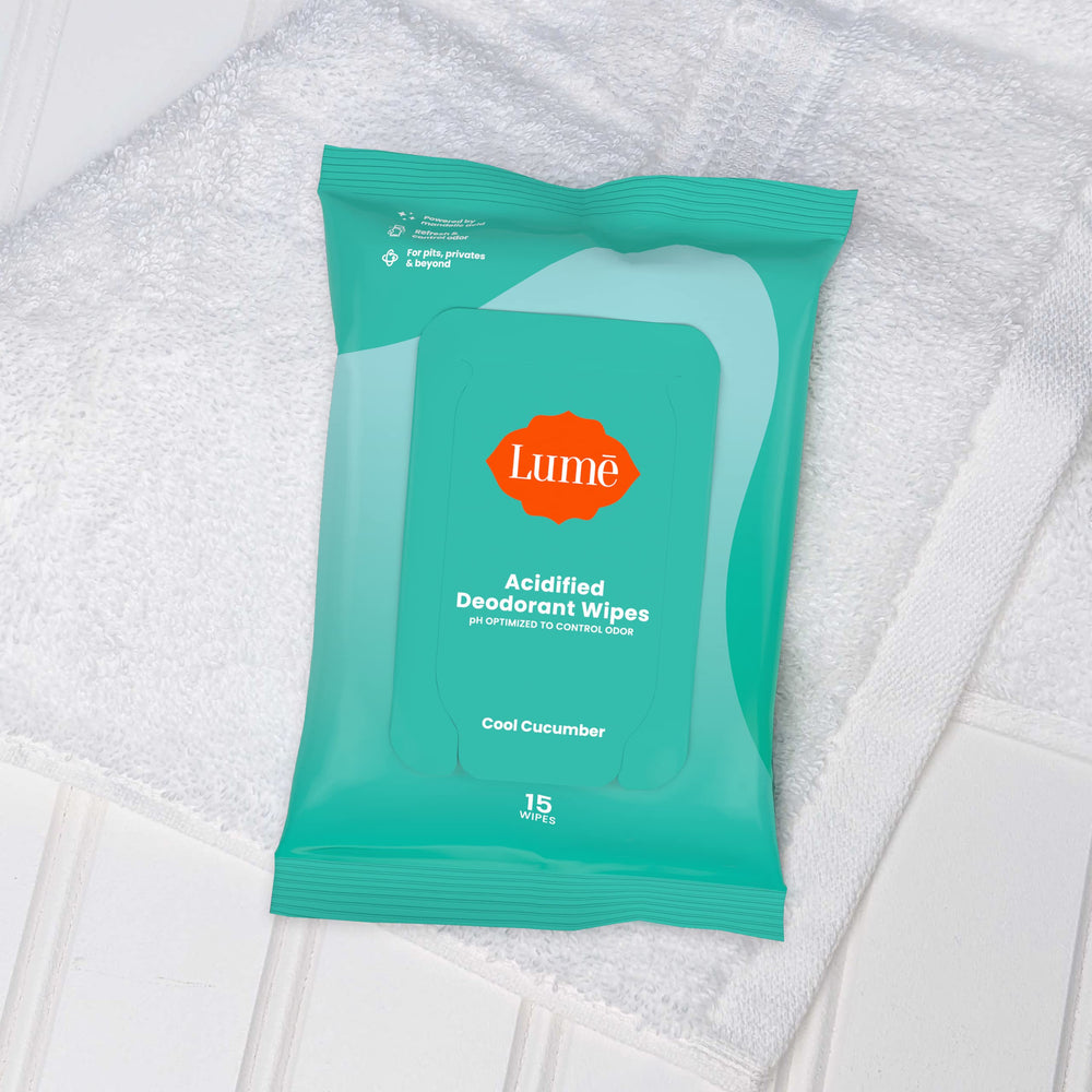 Lume Acidified Deodorant Wipes 6x6 towelettes are travel-ready for quick touch-ups.
